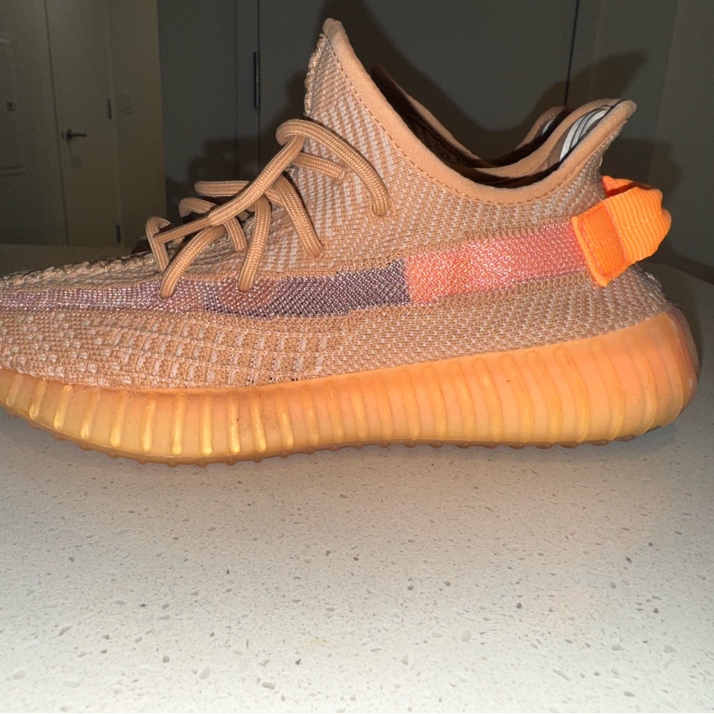 Adidas YEEZY Tan and Orange Sneakers with Knit Upper and Pull Tab